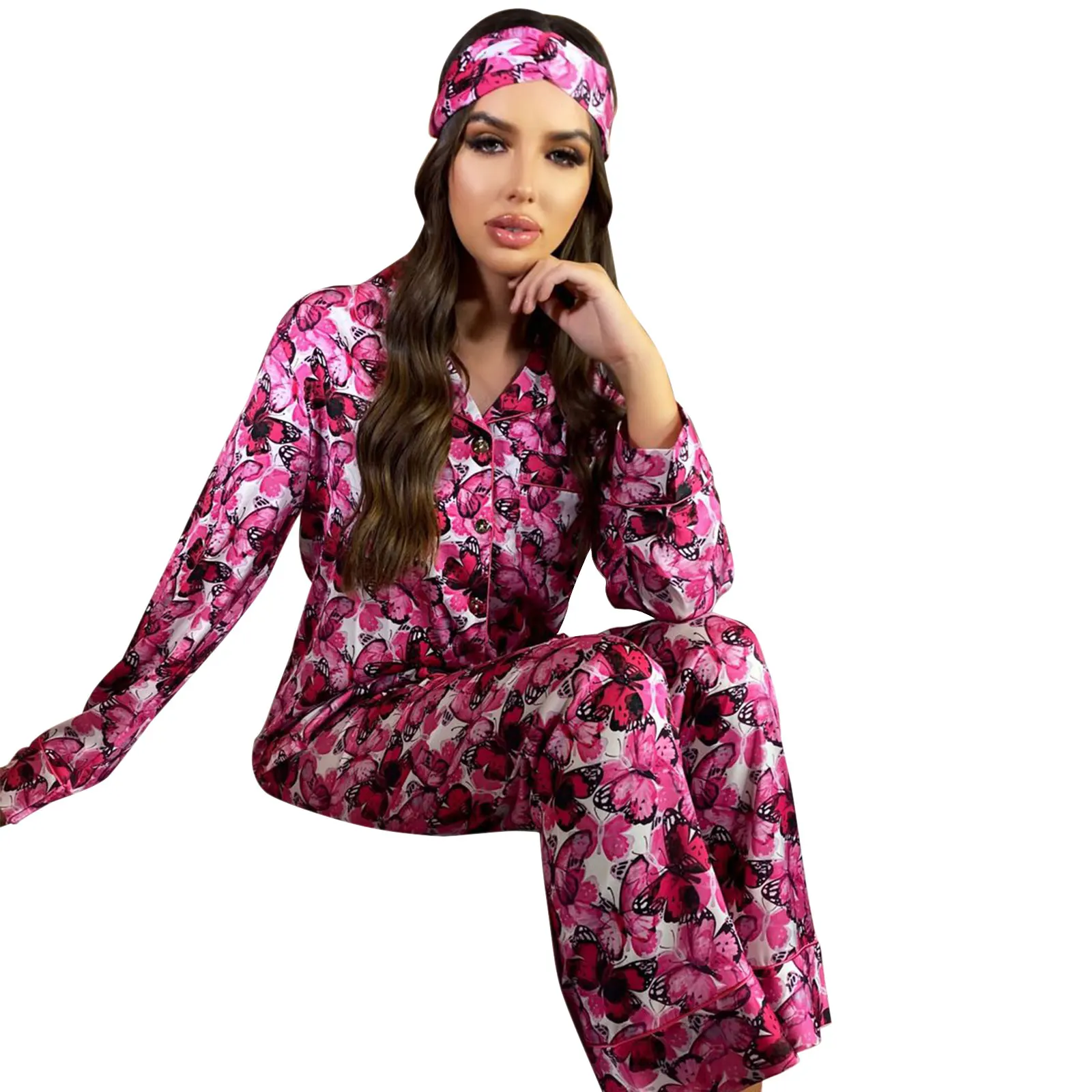 

3PCS Pajama Set Women Butterfly Print Satin Silk Pajamas Sexy Short Sleeve Shirt Pants Homesuit Lingerie Sleepwear 2021 Headwear