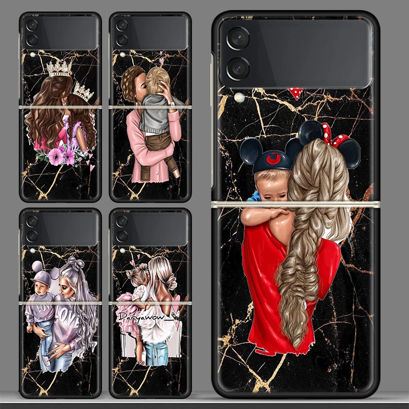 

Mom Baby Love Girl Black Phone Case For Samsung Galaxy Z Flip 3 PC Cover ZFlip 3 5G Luxury Art Pattern Bumper Coque Shell Fundas