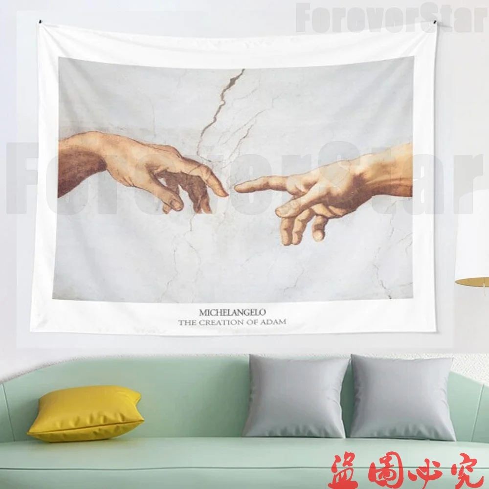 

The Creation of Adam Michelangelo Fingers Touching tapestry Wall Hanging Tapestries for Living Room Beach Towel Blanket