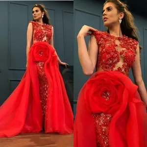 2021 Arabic Red Mermaid Prom Dresses With Detachable Train Luxury Beading Appliqued Flower Women Plus Size Formal Evening Gowns