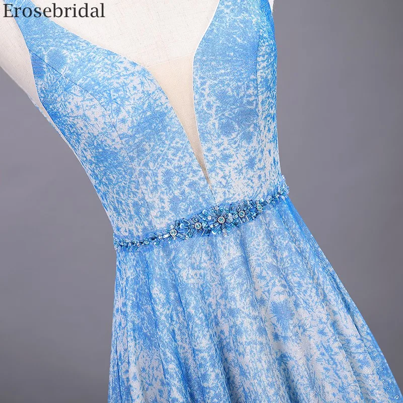 

Erosebridal Elegant Sky Blue A Line Prom Dress 2020 V Neck Beads Belt Long Formal Dress Evening Gown Sexy Open Back Sleeveless