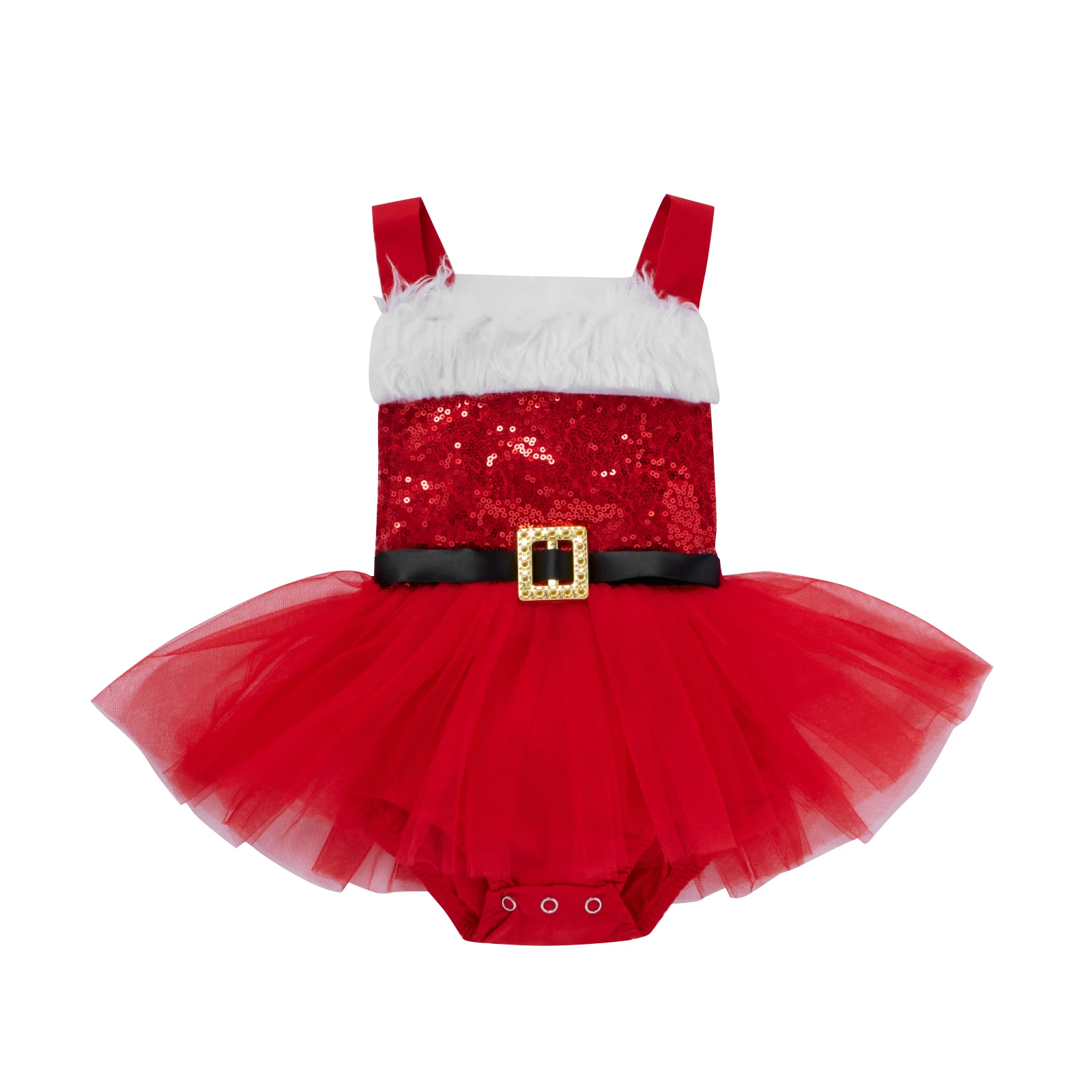 

Baby Girl Christmas Romper, Fluffy Sequined Sleeveless Strappy Short Romper Skirt for Toddler Girls, 0-18 Months