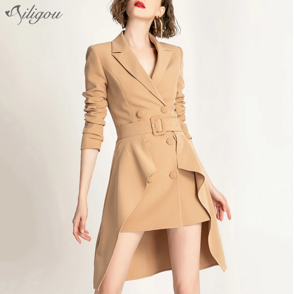 Ailigou новый бизнес Стиль Women'Scoat ремень двубортный костюм Модный деловой