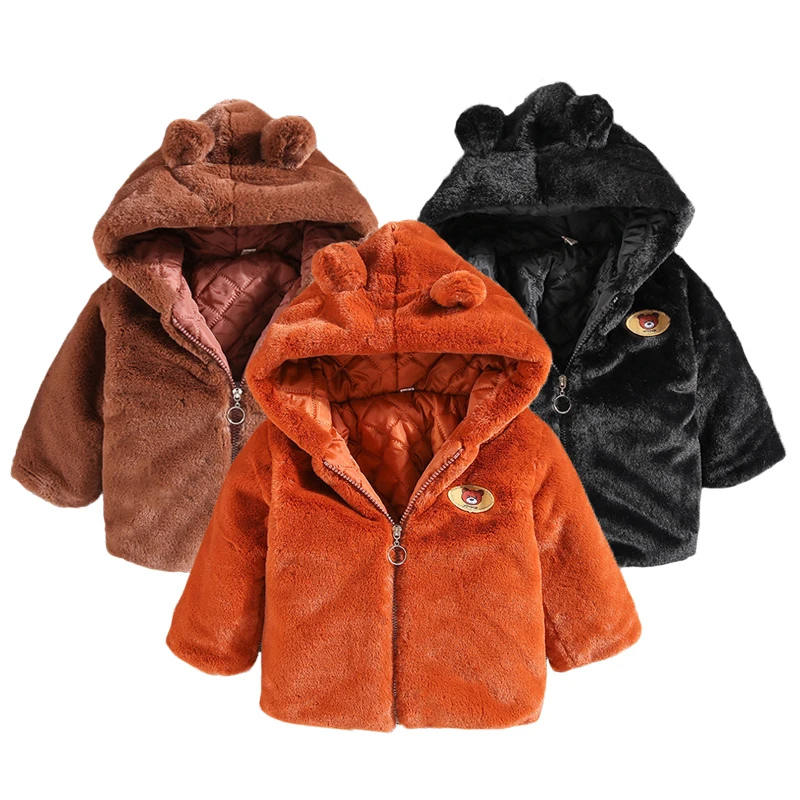 

2021 New Winter Plush Boys Jacket Thicken Keep Warm Imitation Fur Hooded Bear With Back Heavy Outerwear For 2-6 Years Kids Coats