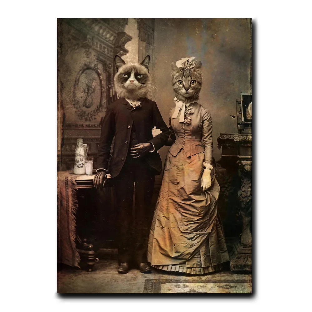

General Cats Couple Classical Canvas Paintings on the Wall Art Posters and Prints Animals in a Suit Pictures Home Decoration