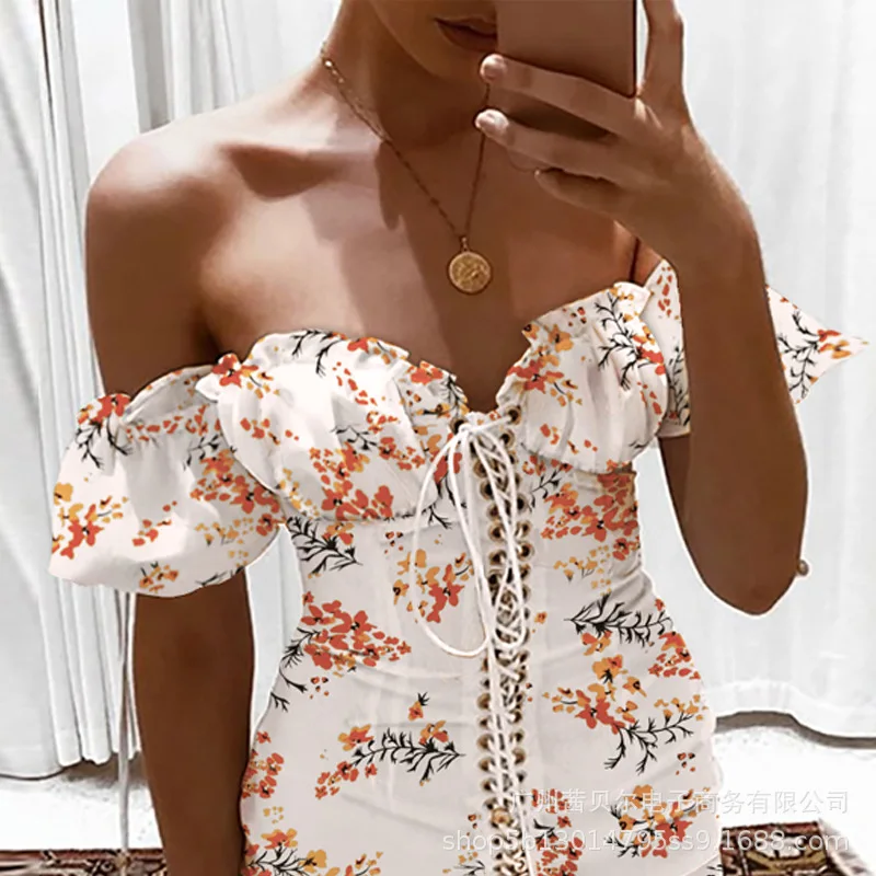 

WEPBEL Women Off-Shoulder Dress Sleeveless Summer Spring Ruffles Mini Dress New Floral Flower Printed Pleating