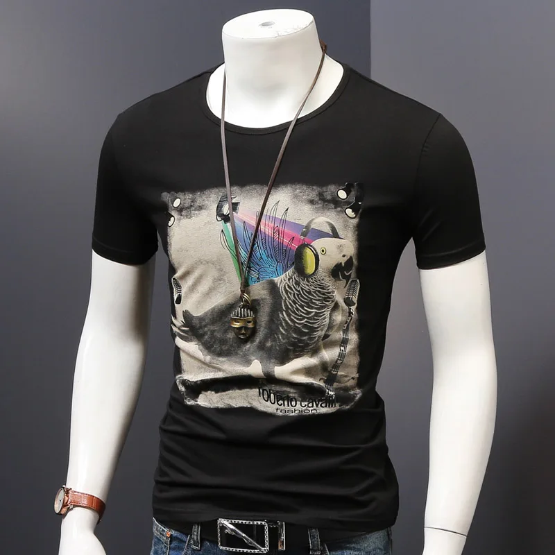 

Parrot Print Tshirt Funny Men Short Sleeve Stretch Cotton O-Neck Slim T-Shirts Summer Fashion Black Clothing