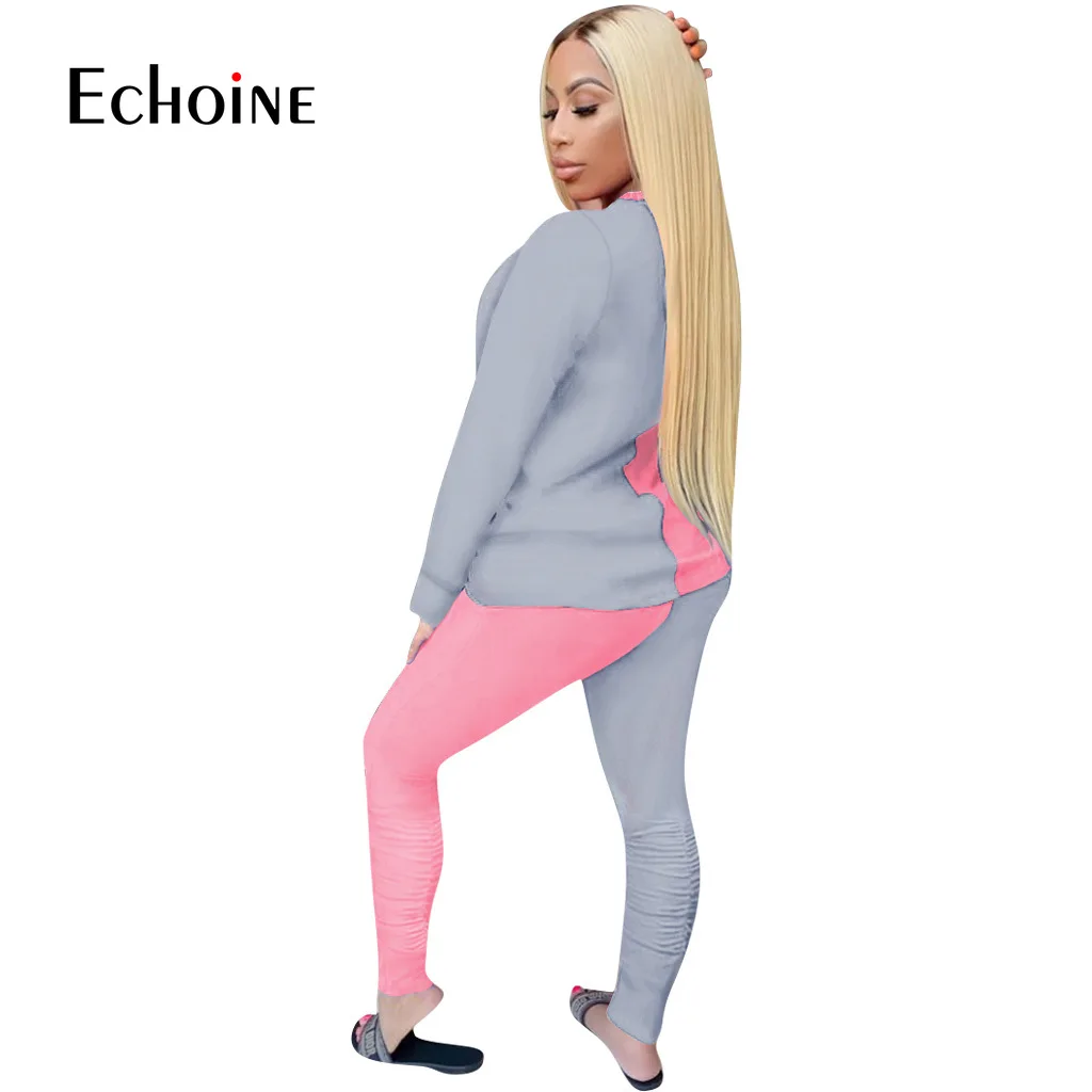 

Echoine Autumn Women Active Wear Patchwork Long Sleeve Tops Stacked Jogger Pants Tracksuit Sport Two Piece Set Fitness Outfit