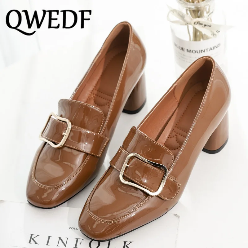 

Women's shoes 2019 girl thick with OL office shoes buckle simple PU leather high heels ladies black brown zapatos de mujer XN-86