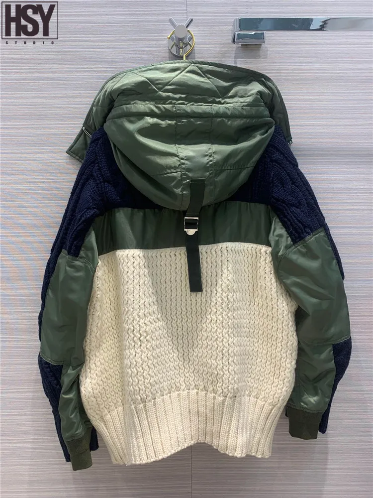 【HSY】2019 Осень Зима Новая Женская Лоскутная куртка мешковатая грубая вязаная