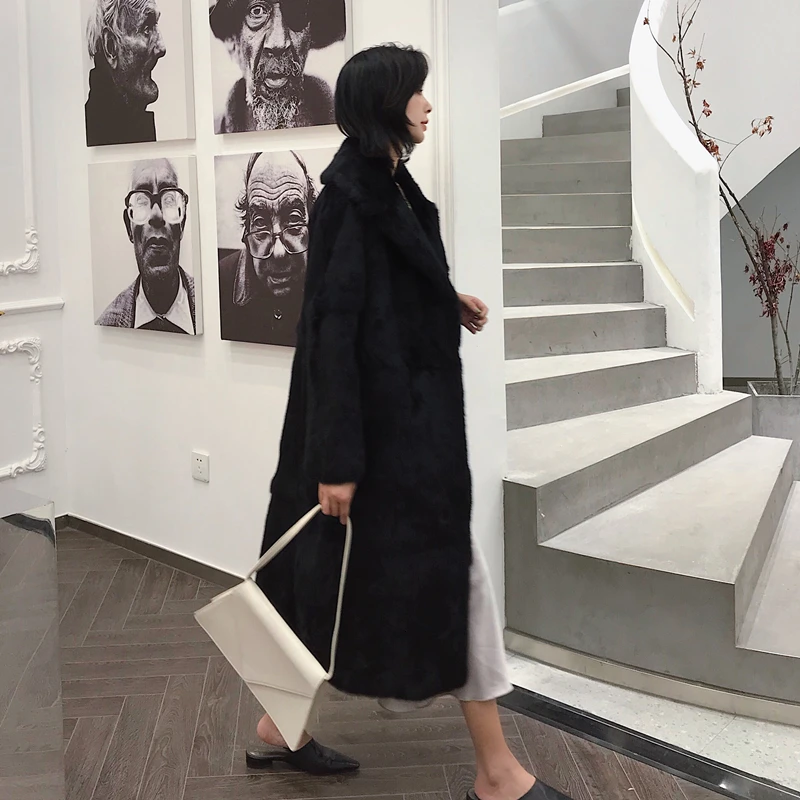 Зимнее пальто из натурального меха Женская длинная куртка 100% кроличьего женские