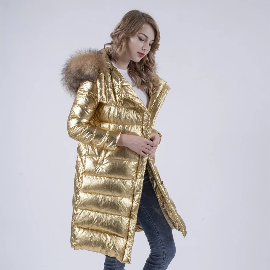 Женская парка с натуральным мехом золотистая или желтая водонепроницаемая
