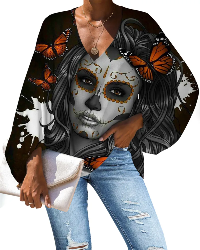 

Summer Chiffon Retro Gothic Skull Print Women's Blouses The Day of The Dead Gothic Top Shirt Sexy V-Neck Femme Blouse Apparel