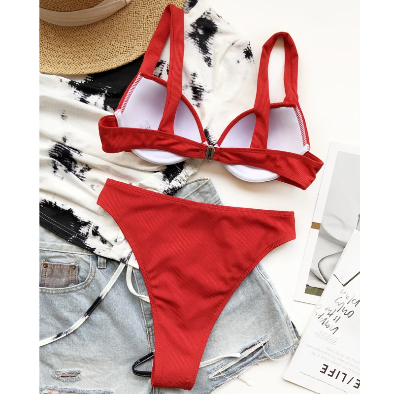 

Peachtan Push up swimsuit women Solid bikini 2021 Ribbed swimwear female High waist 2 pieces set Underwired bathing suit summer
