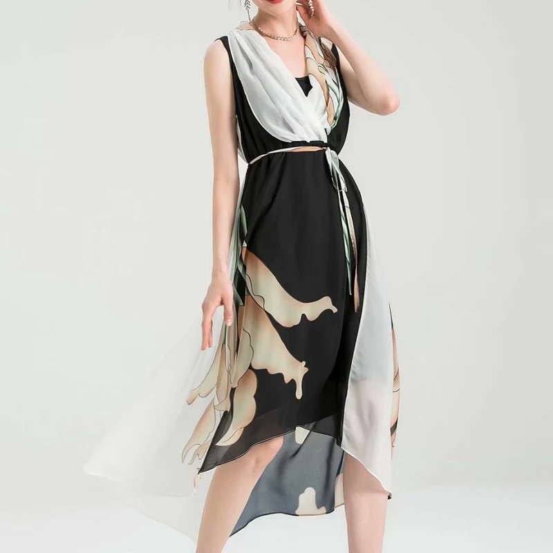 

2021 Summer New Style Bohemian Retro Print Sexy V-Neck Belt Slim Fit Chiffon Mid-Length Dress High Quality Women'S Clothing