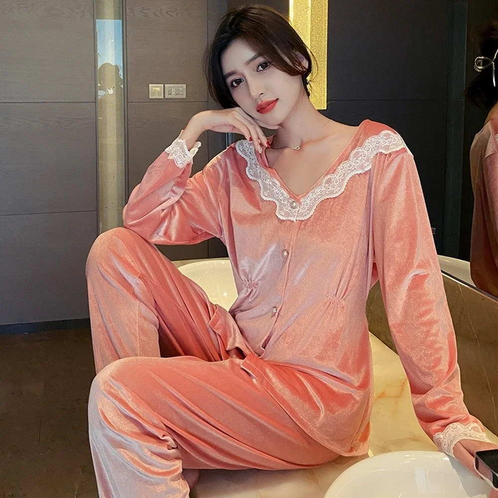 Winter Gold Velvet Pajamas for Women's Cardigan Lazy Fashion Suit Home Service Women's Pajamas Set Home Clothes Sleepwear пижама
