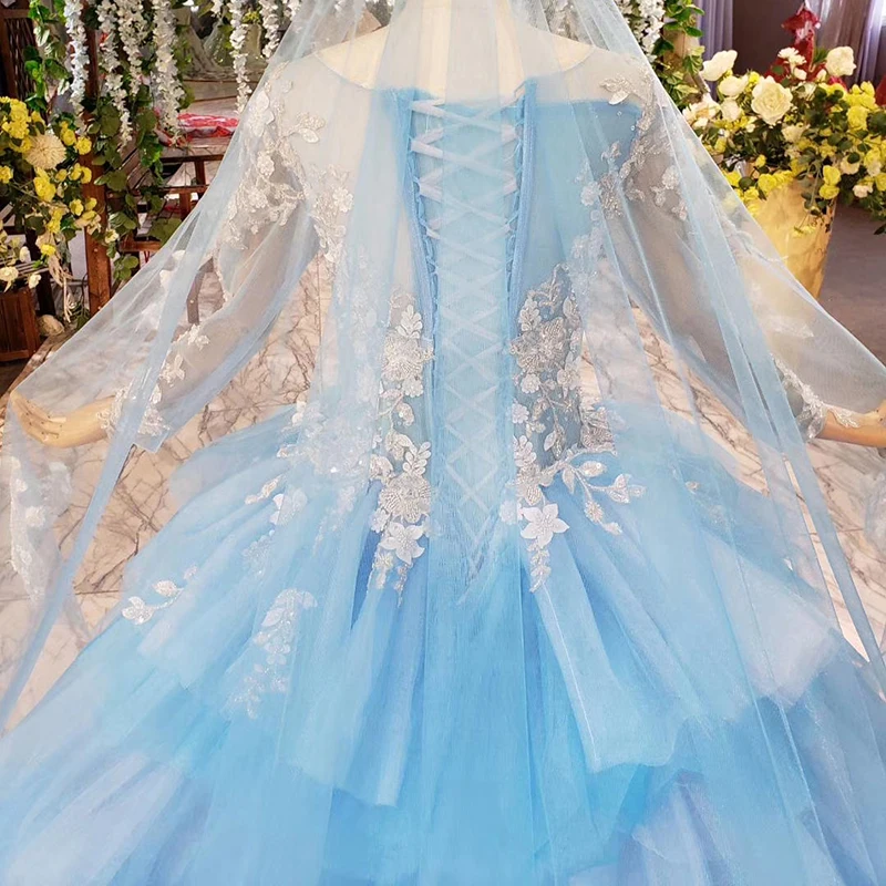 HTL842 blue muslim wedding dresses with bridal veil o-neck long sleeve green wedding gown lace color dress vestido de noiva azul