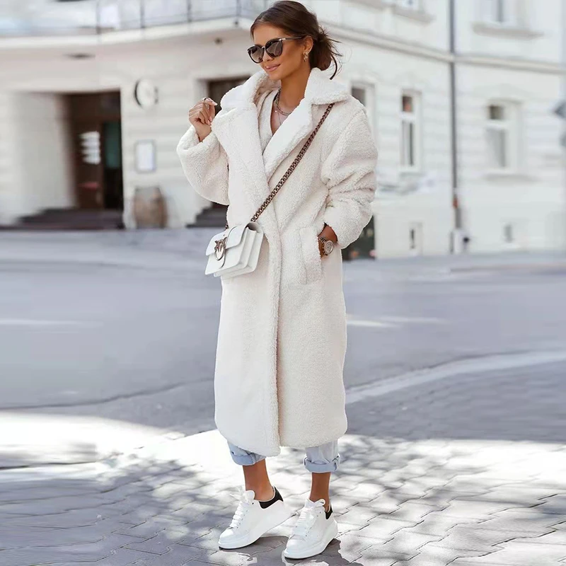 

Women Winter Casual Fleeve Fashion Long Coats Solid Warm Plush Oversize Long Sleeve Female Coats Lady Cardigan Overcoats 2021
