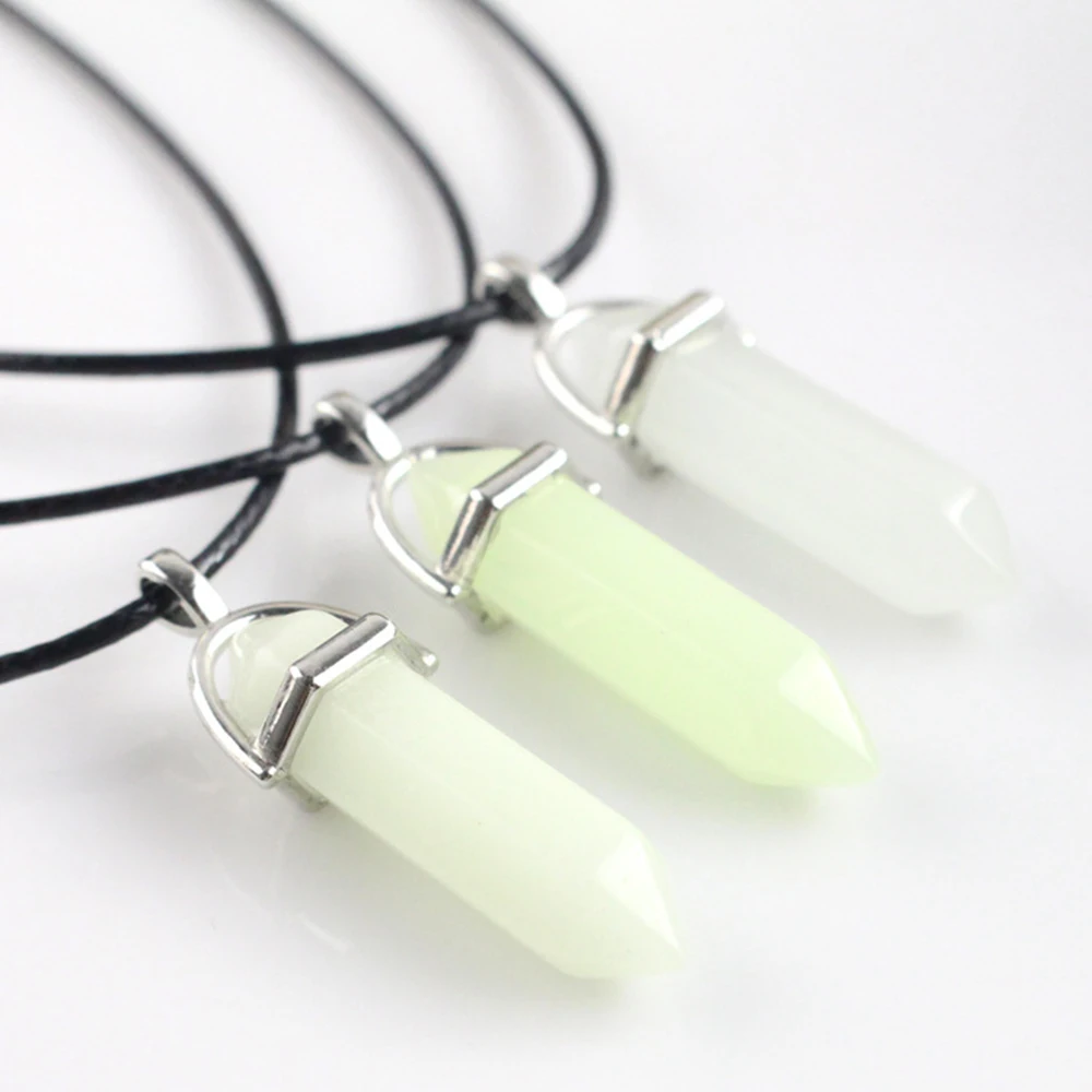 

Dark Luminous Stone Fluorescent Hexagonal Column Necklace Natural Crystal Glowing in Dark Bullet Stone Pendant Leather Necklace