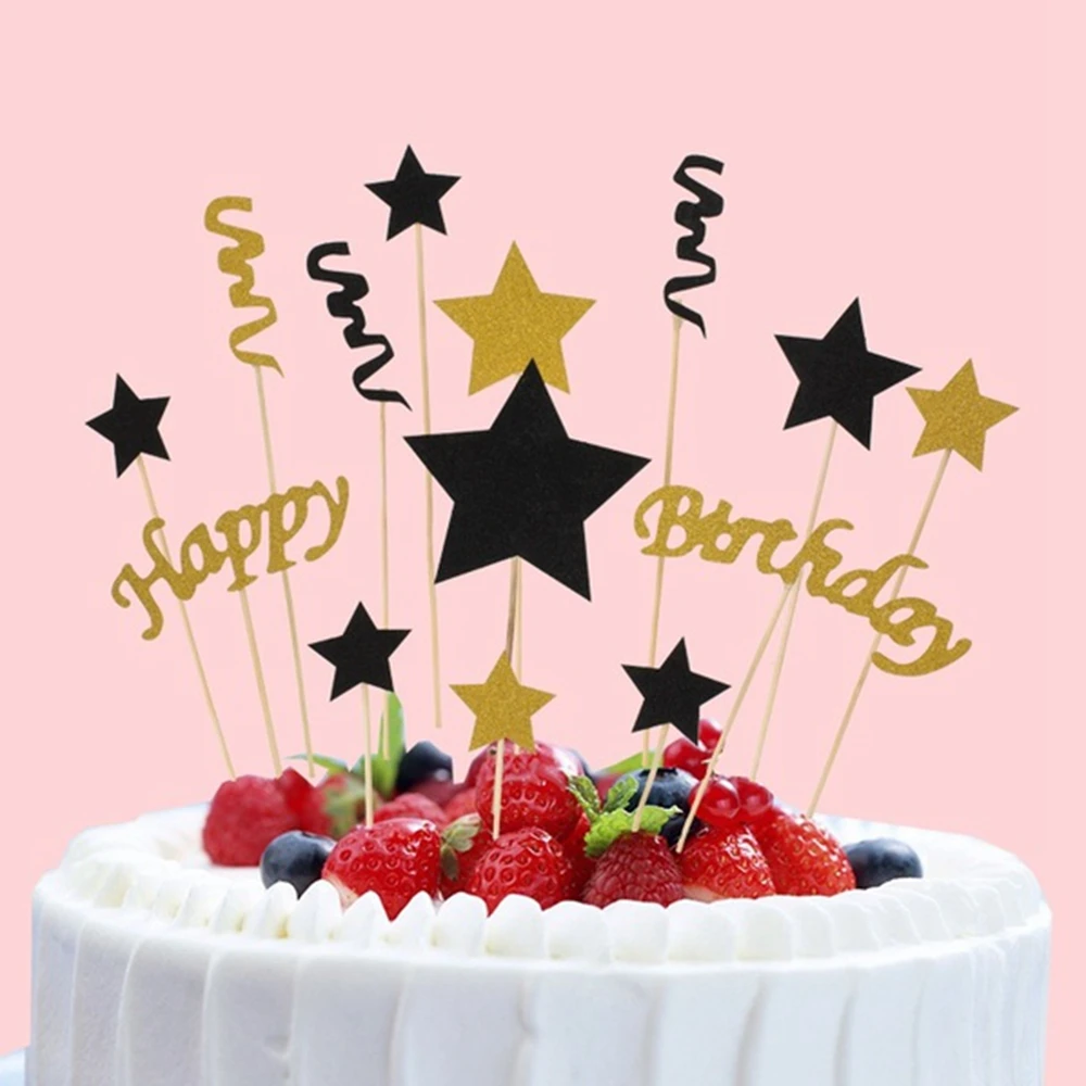 Счастливая фотография черные золотые звезды флаг для торта полоса украшение на