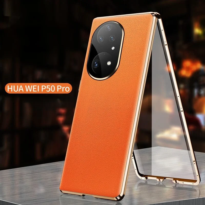 

Чехол для Huawei P50 Pro, закаленное стекло + искусственная кожа + металлический бампер, 3 в 1, магнитные противоударные чехлы