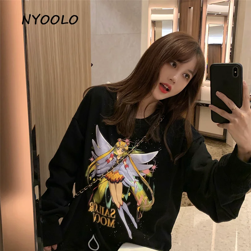 NYOOLO Harajuku стиль мультфильм персонаж Сейлор Мун буквы печати толстовка осень уличная одежда с длинным рукавом Пуловеры женские