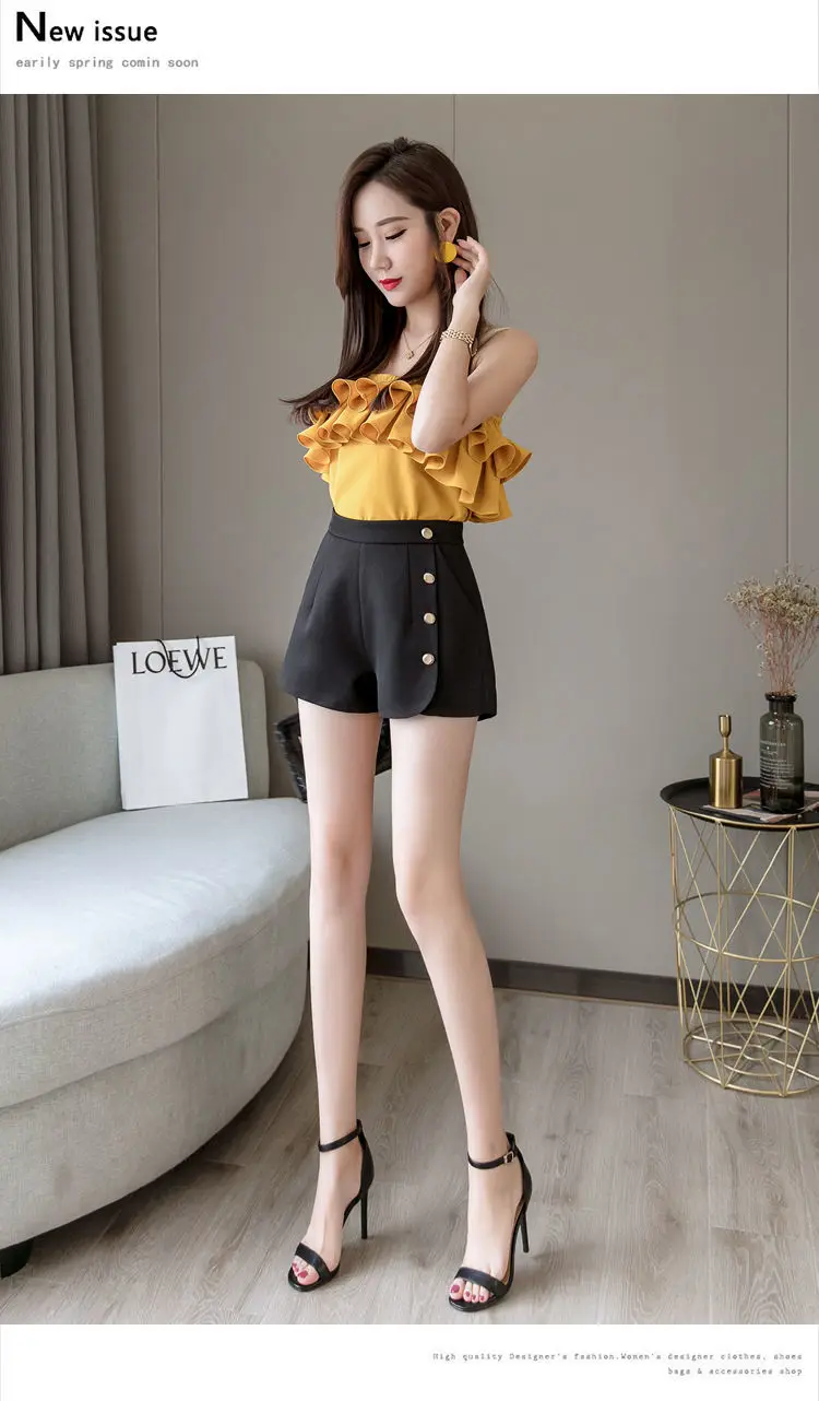 

2021 New Summer Slim Chiffon Wide Leg A-line Culottes Thin Women's Casual Pocket Suit Pants Women's High Waist Shorts