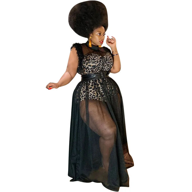 

New Arrivals Women Sexy Leopard Printing Floor-length Dress 2021 Summer O-neck Sleeveless See-through Plus Size Party Dresses