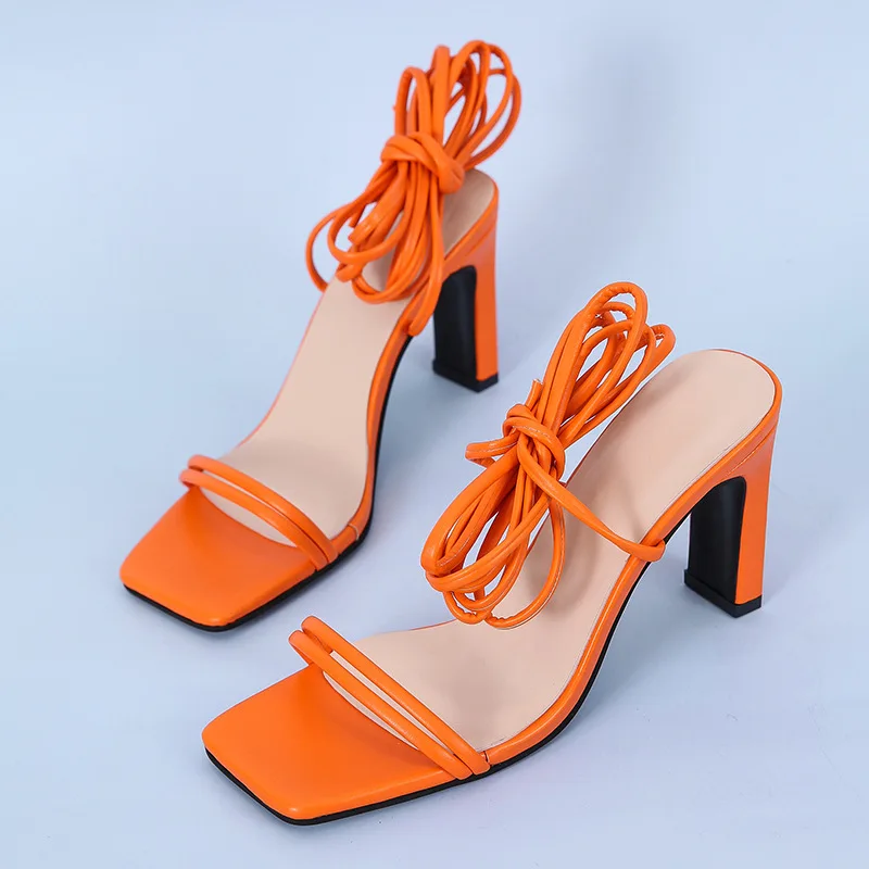 

2021 Fashion Square Head thick heel thin band clip toe high heel hollow fashion beach ROMAN SANDALS women's