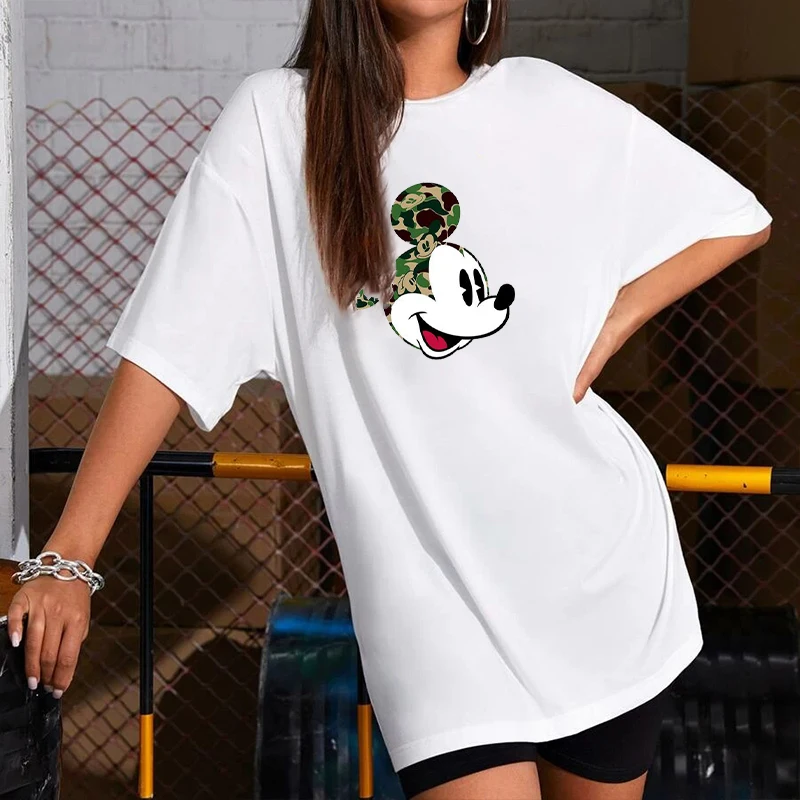 

Summer Tshirt Dresses Lady Cartoon Leopard Mickey Casual Mini Dress Short Sleeve Loose Fashion White Harajuku Vestido Robes 2021