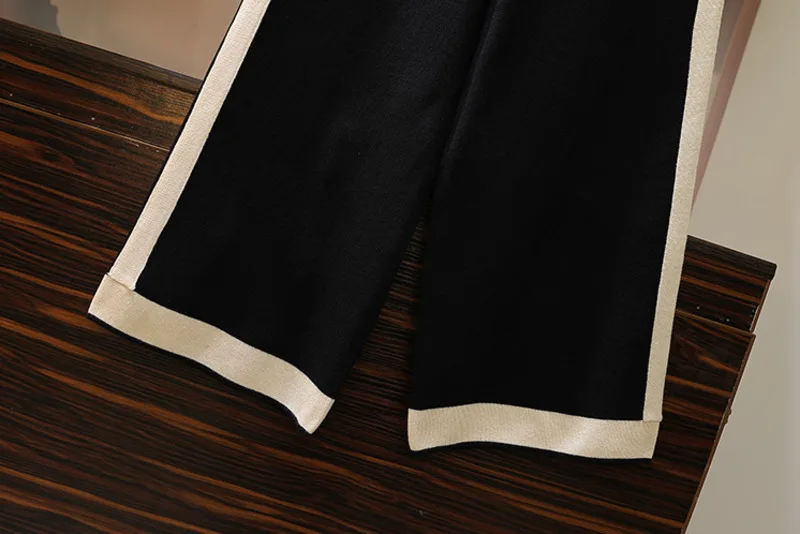 

New Style Women Fashion Lapel Collar Long Sleeve Double-breasted Cardigans Top + Loose Wide Pants Knit 2PC Suit Two Piece Set