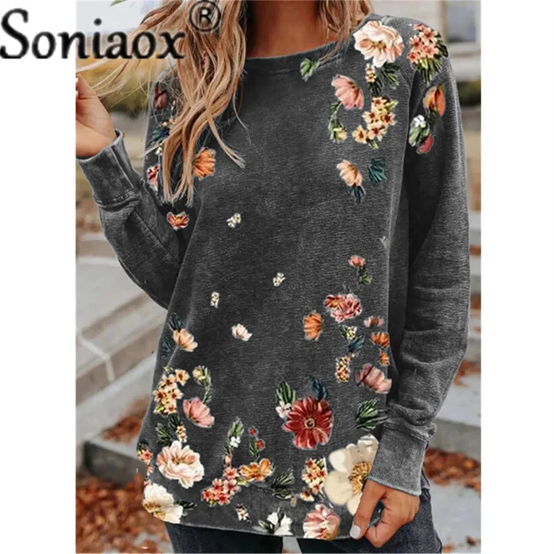 

Floral Print Long Sleeve T-Shirt Women Clothes 2021 Autumn Vintage Casual O Neck Top T Shirt Oversize Loose Tunic Ladie Pullover