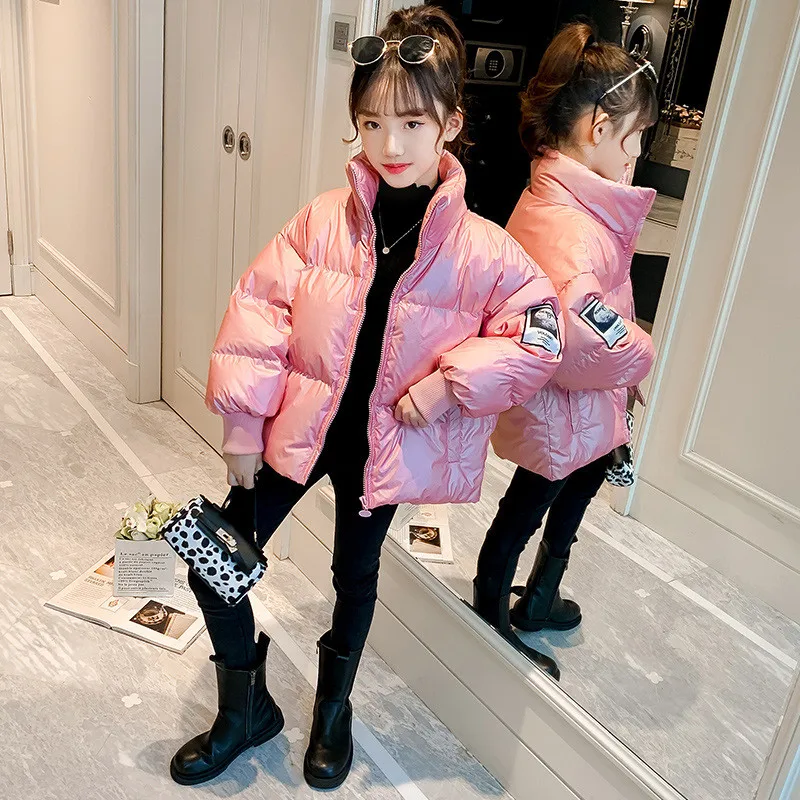 

New Winter Light Weight Plush Girls Stand-Up Collar Jackets Thick Warm Children Coats Autumn Kids Teenager Solid Color Clothes