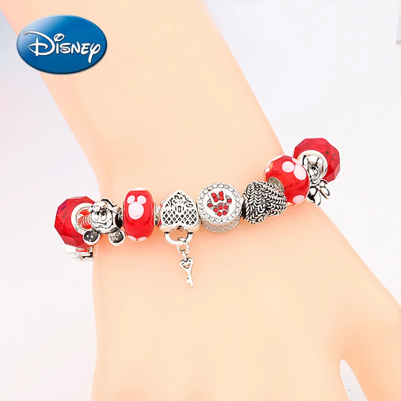 

Disney Cartoon Mickey Mouse Minnie New Simple Red Glass Beads Panjia Bracelet Silver Peach Heart Bracelet