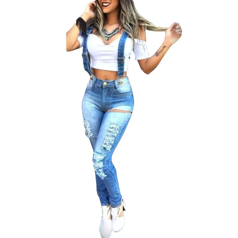 

2021 New Women's Jumpsuit Ladies Solid Slim Jeans Denim Rompers Overalls Trousers Straps Pants Hot Design Hole Trousers