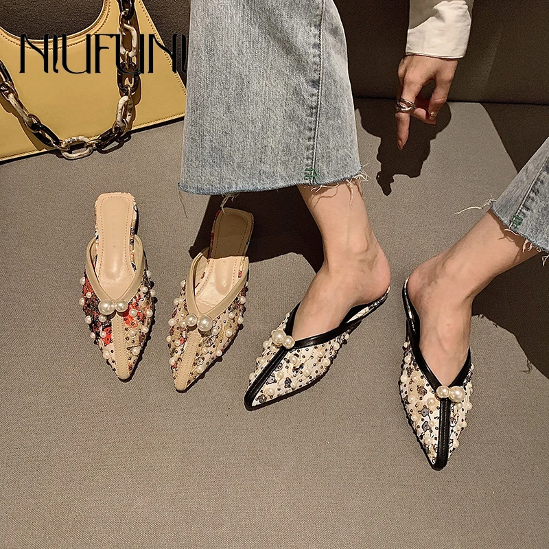 

NIUFUNI Pointed Flat Women's Slippers Pearl Rhinestone Beaded Sandals Semi-Baotou Mesh Women's Shoes Non-Slip Casual Slippers