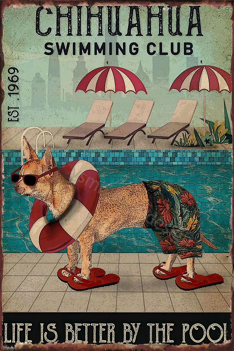 

Жестяная Табличка для чихуахуа, винтажный металлический знак в стиле ретро для плавания с собаками, жестяные тарелки, настенный Декор для д...