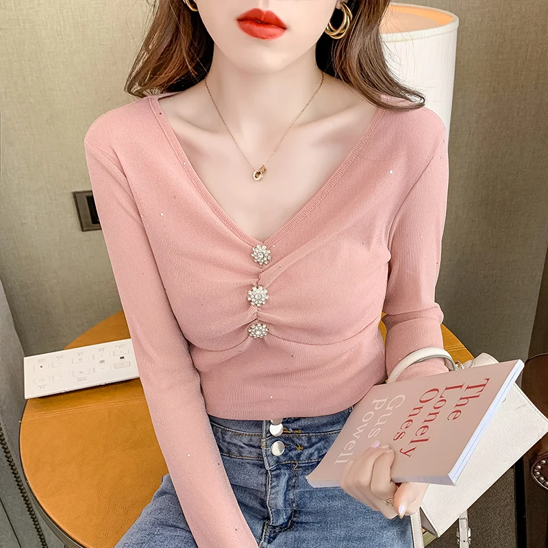 

Осенне-зимняя Сетчатая футболка в европейском стиле, модные сексуальные драпированные блестящие Женские топы с V-образным вырезом, футболк...