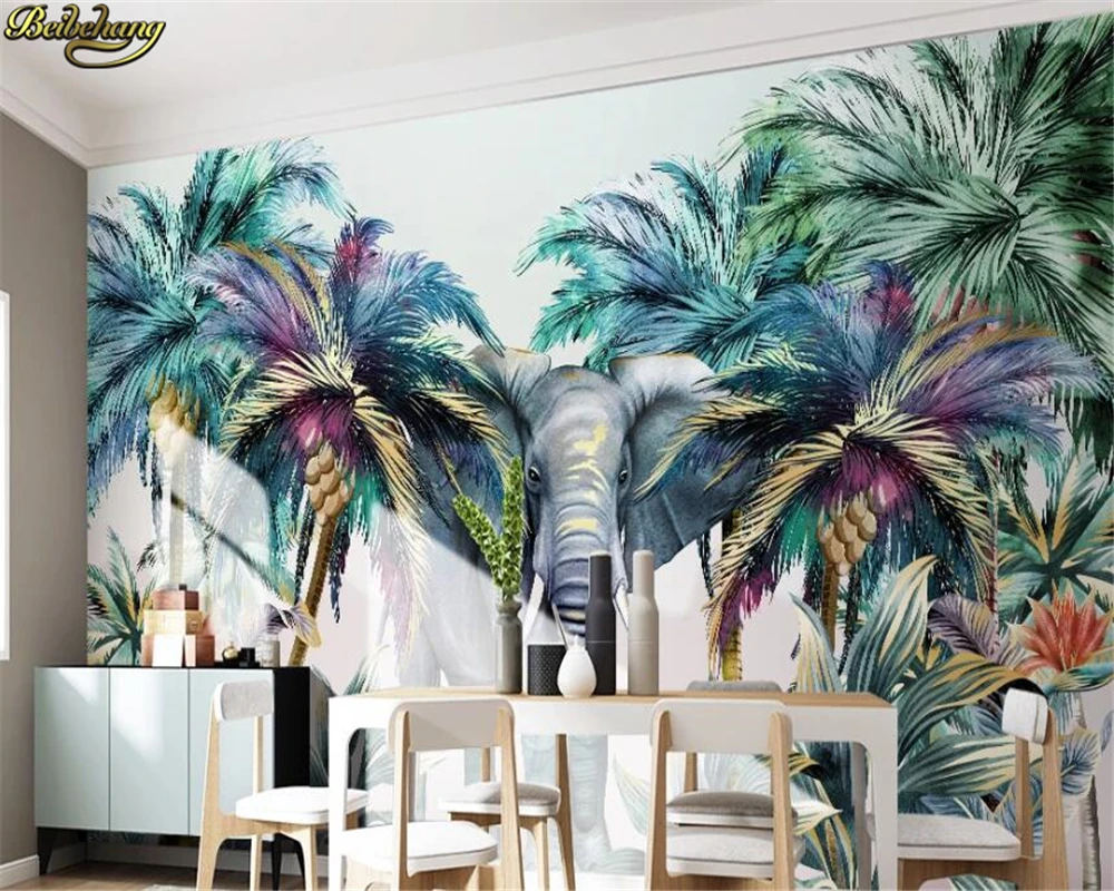 3d обои ручная роспись лес животное Тропическое растение слон кокосовое дерево