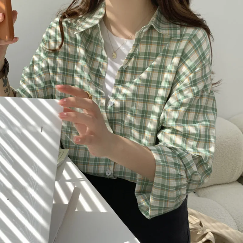 

Alien Kitty 2021 New Autumn Women's Shirt Long-Sleeved Plaid Green Single-Breasted Korean Loose Vintage Fresh All-Match Thin Top