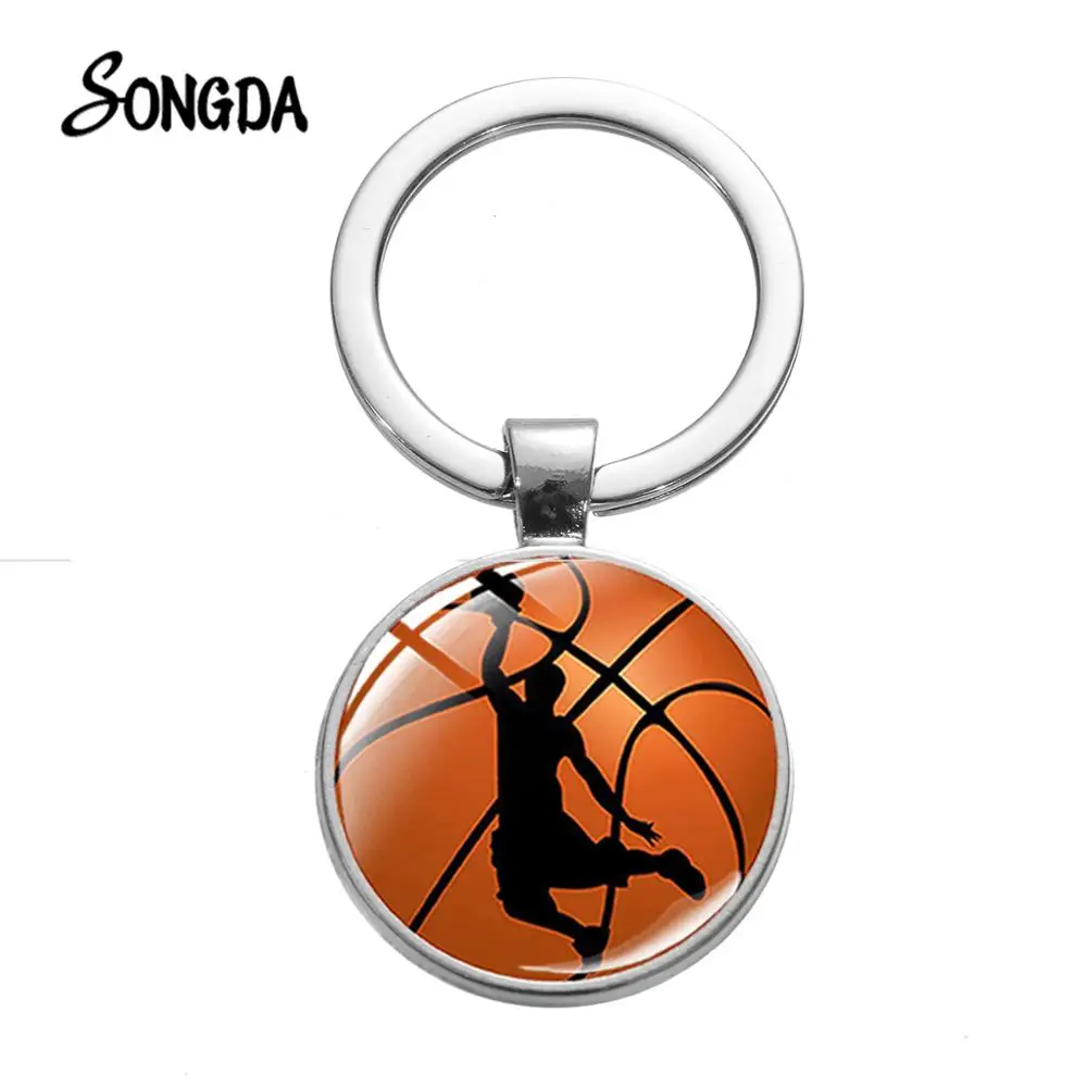 

Fashion Playing Basketball Photo Keychain Football Team Souvenir Glass Cabochon Key Chain Sports Keyring for Ball Lovers