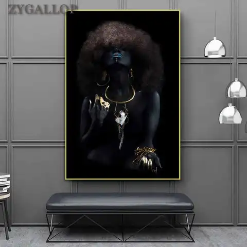 Картина в африканском стиле, черная фотография, Современная искусственная кожа, пушистые волосы, женские холщовые картины для стены в гости...