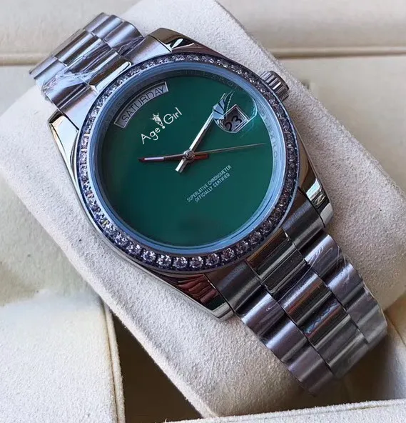 Green Роскошные брендовые новые мужские часы Daydate из нержавеющей стали автоматические механические сапфировые серебряные черные серые зеленые Бриллиантовая оправа 36 мм AAA - Цвет: Green