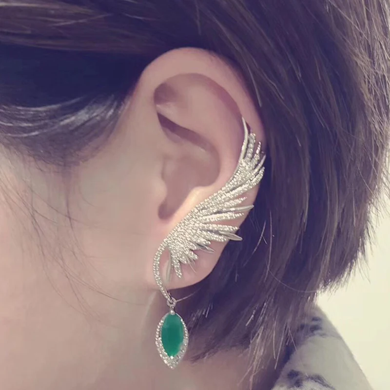 Luxury Feather CZ Stone Ear Cuff Hang Water Drop Big Clip Earrings for Women Party Green Earcuff kupe Club Factory AE530