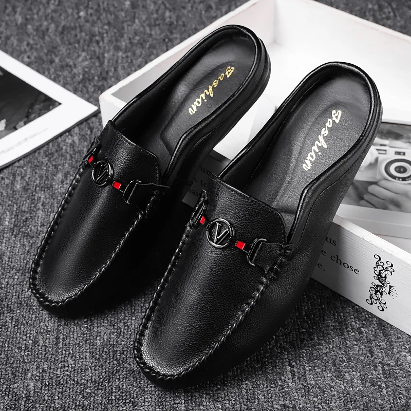 Men's Summer Fashion PU Leather Casual Mules Man Breathable Flat Soft Half Loafer Slipper Male Slip-on Comfy Half Leisure Sandal