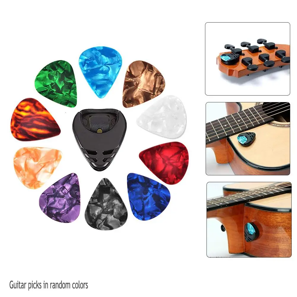 10Pcs Guitar Picks & Guitar Pick Holder Set for Acoustic Guitar Electric Guitar Bass Ukulele Stick-on Holder  Random Color