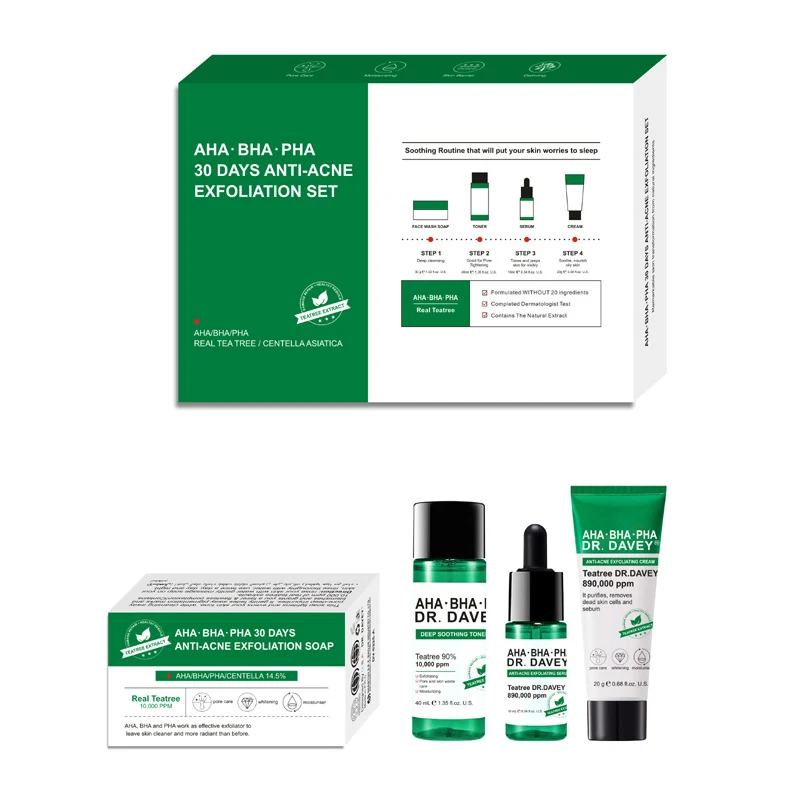 

4Pcs AHA BHA PHA 30Days Miracle Starter Kit Tea Tree Cream + Soap + Toner + Serum Face Care Set Anti-acne Exfoliating Whitening