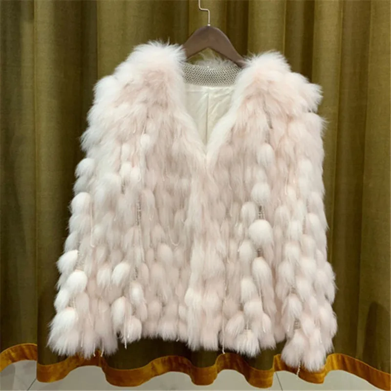 beige white Подиумная роскошная дизайнерская шуба из натурального Лисьего меха с бахромой женская повседневная короткая зимняя куртка из лисьего меха с v-образным вырезом - Цвет: beige white
