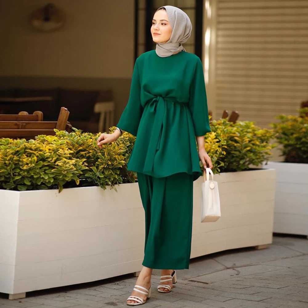 Mulsim Women's Two Pieces Set Plain Solid Fresh Summer Outfit Arab Oman Dubai Middle East Morocco Turkey 2pcs Suit | Тематическая