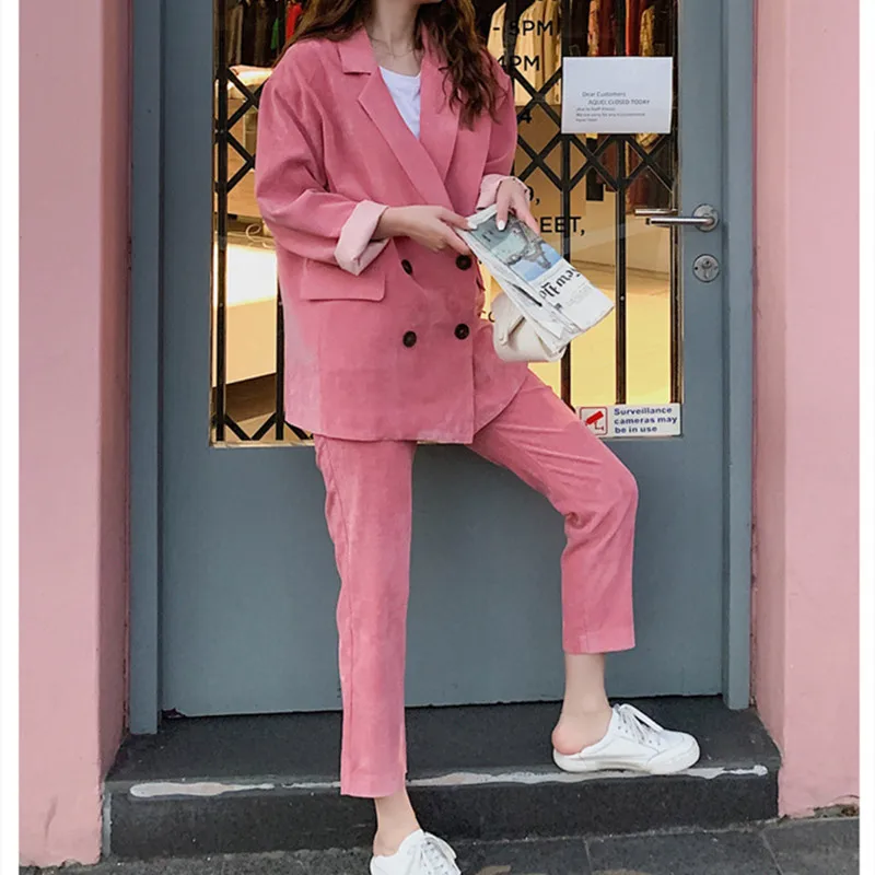 

Women office Pant Suit Double breasted Full Sleeve Blazers Jacket+Wide leg Pant Two Pieces Set Lady Outfits Work Clothes